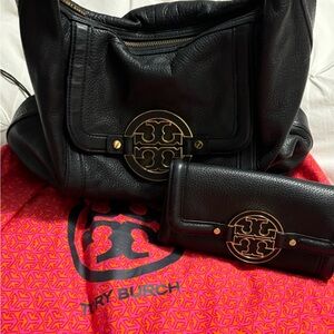 Tory Burch Black Leather Bag and Wallet Set